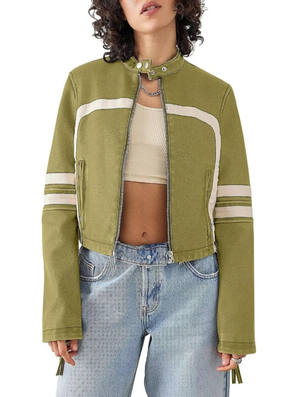 Women's Green Faux Leather Casual Cropped Racer Moto Biker Coats Zip Up Jacket